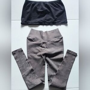 NUX NEW Taupe Sparkle Compression Leggings & Black Beandeau Top Athletic 2pc L